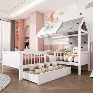 Huisbed 90×200 cm kinderbed met lades en lattenbodem – hout wit – zonder matras Huisbed 90×200 cm kinderbed met lades en lattenbodem – hout wit – zonder matras