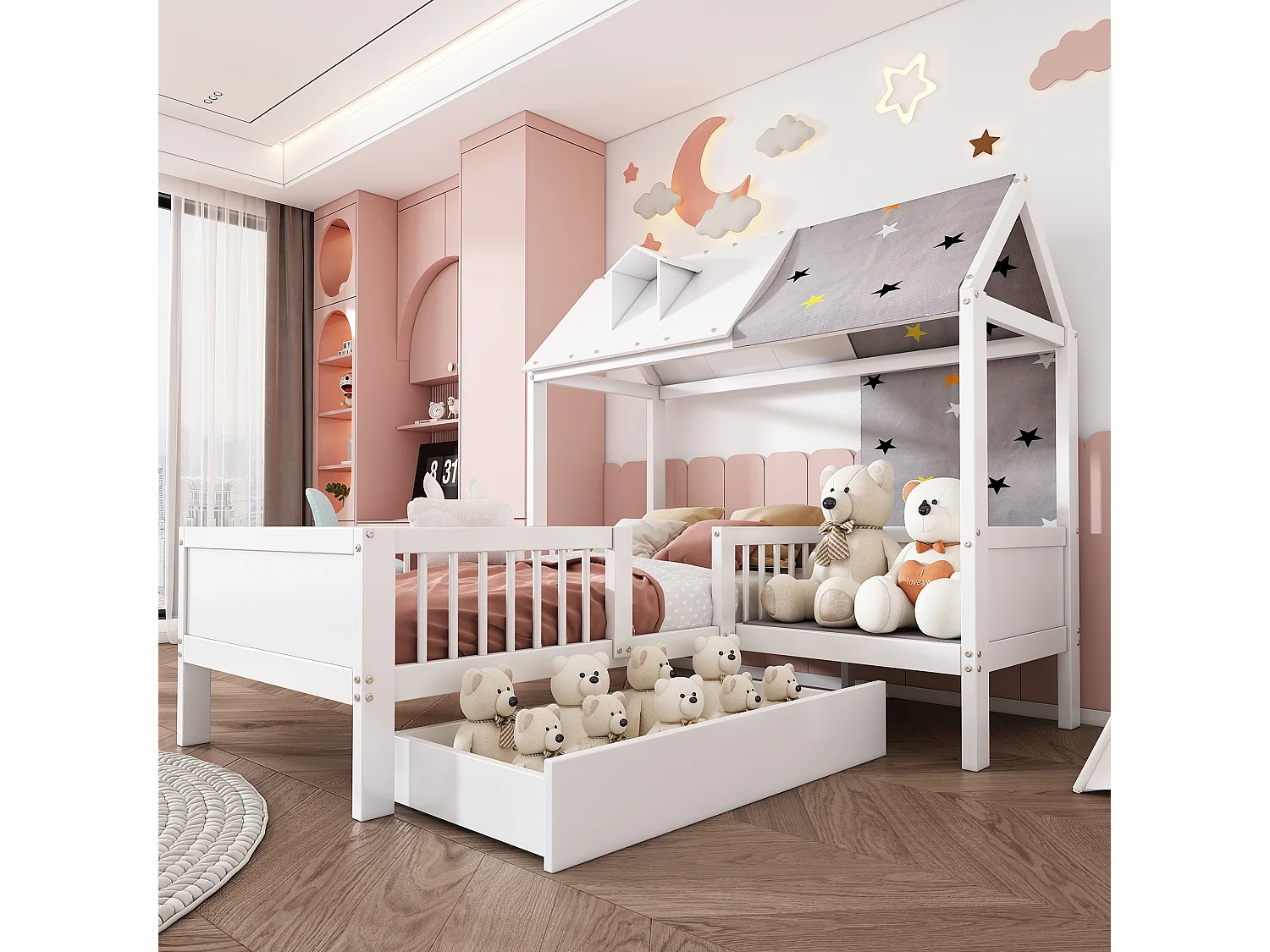 Huisbed 90x200 cm kinderbed met lades en lattenbodem – hout wit – zonder matras