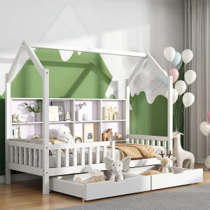Kajuitbed 90×200 cm, kinderbed met 2 lades, lattenbodem van hout – wit – zonder matras Kajuitbed 90×200 cm, kinderbed met 2 lades, lattenbodem van hout – wit – zonder matras