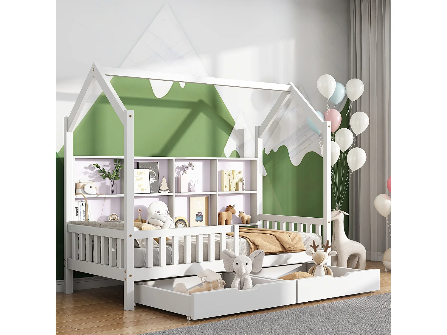 Kajuitbed 90x200 cm, kinderbed met 2 lades, lattenbodem van hout - wit - zonder matras