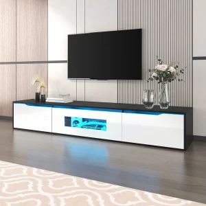 Hoogglans gelakte tv-kast – 180 x 35 x 30 cm – met 3 deuren + ledverlichting – wandmontage of vrijstaand – MDF + spaanplaat – wit + zwart Hoogglans gelakte tv-kast – 180 x 35 x 30 cm – met 3 deuren + ledverlichting – wandmontage of vrijstaand – MDF + spaanplaat – wit + zwart