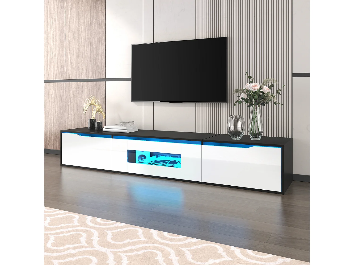 Hoogglans gelakte tv-kast - 180 x 35 x 30 cm - met 3 deuren + ledverlichting - wandmontage of vrijstaand - MDF + spaanplaat - wit + zwart