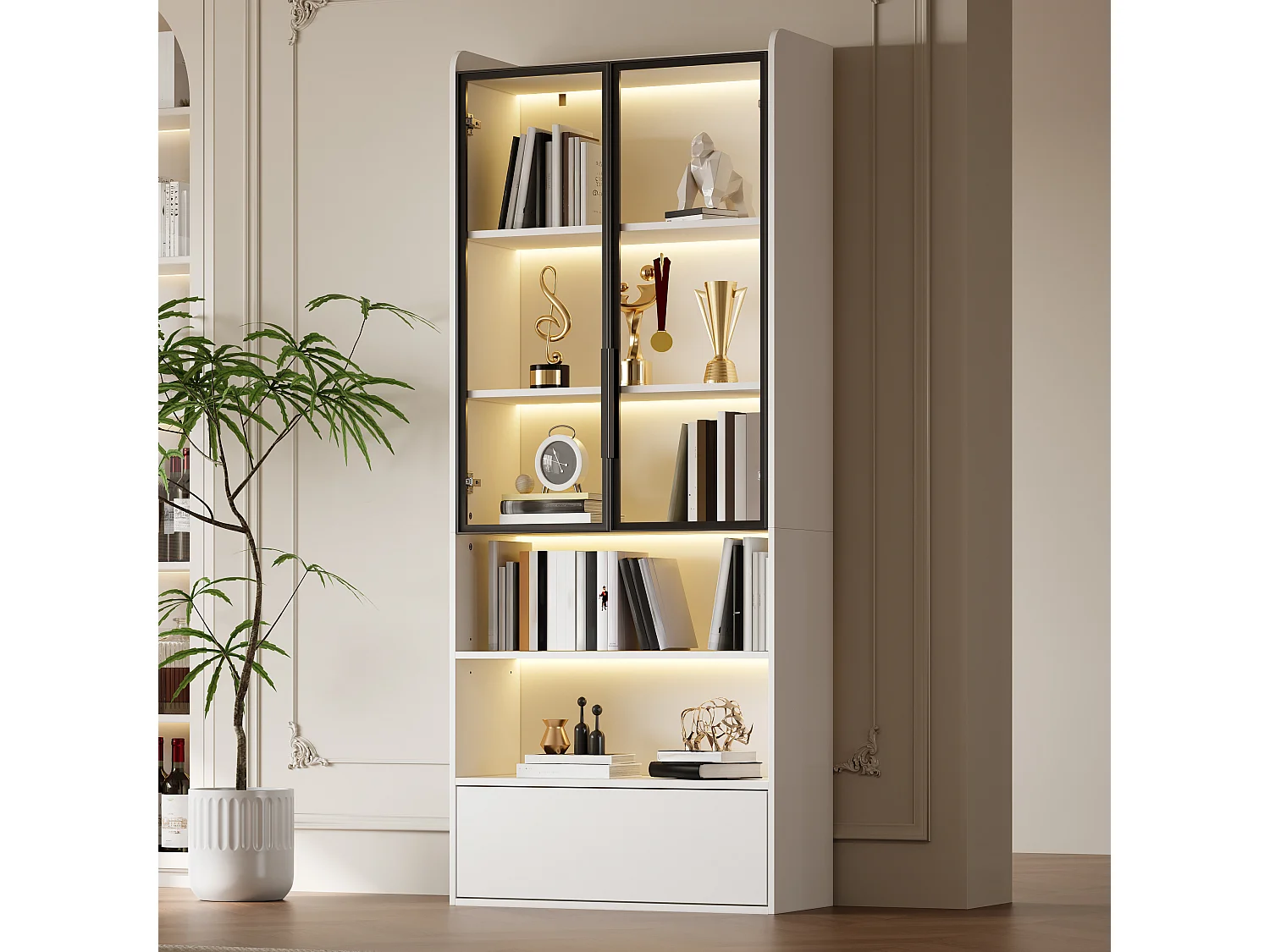Hoge glazen vitrinekast - 80 x 34 x 180 cm - met 1 lade + glazen deuren + LED-verlichting + open schap - MDF + glas - wit