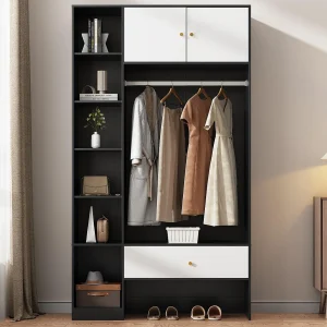 Kast 105x40x185 cm – met 1 lade en 2 deuren – met kledingrek en open opbergvakken – Wit + Zwart
