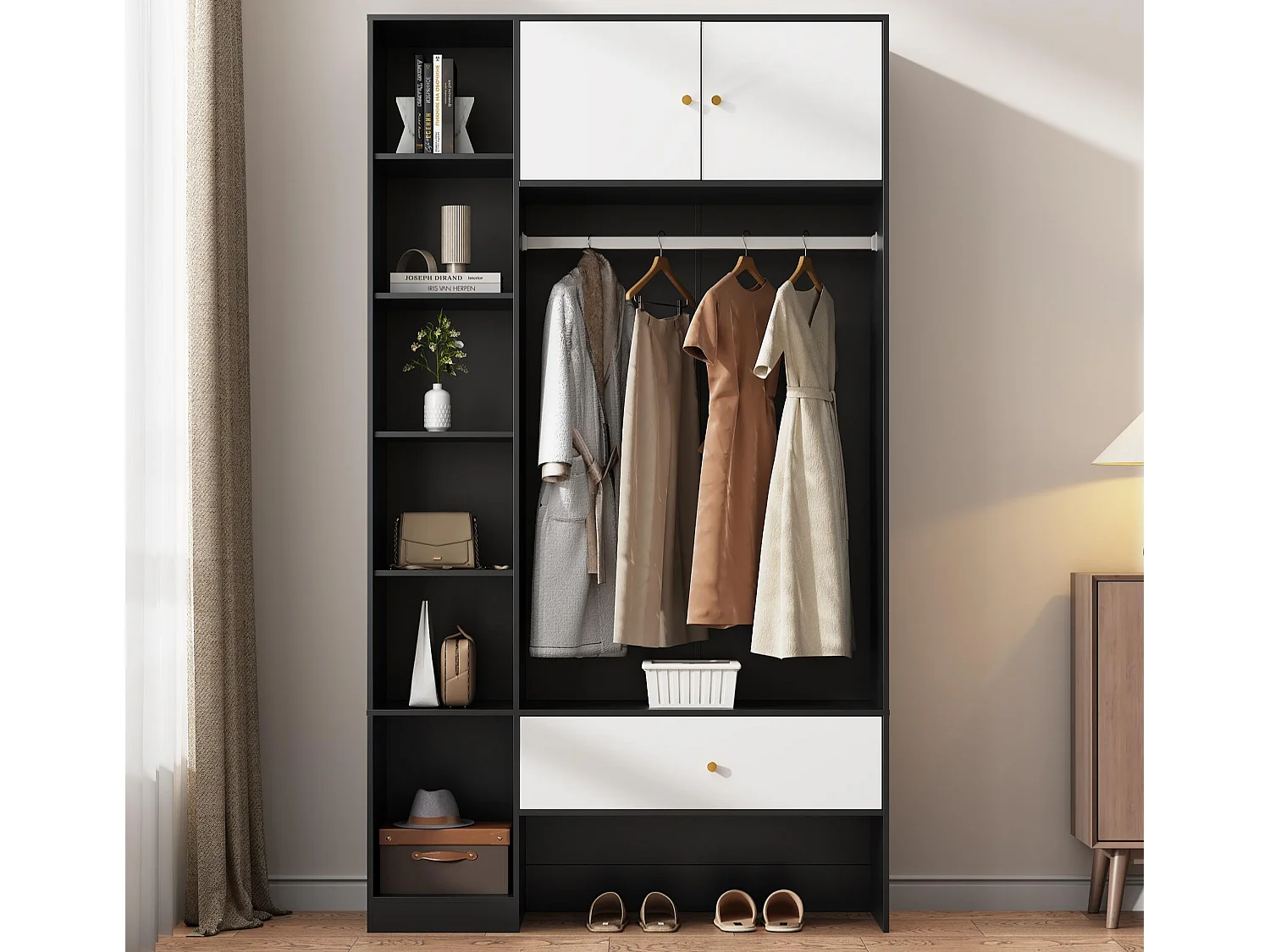 Kast 105x40x185 cm - met 1 lade en 2 deuren - met kledingrek en open opbergvakken - Wit + Zwart