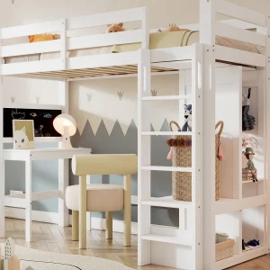 Hoogslaper 90×200 cm – met bureau, open kast en planken – Wit​ (matras niet inbegrepen)