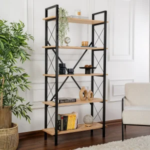 Elysian Houten Boekenkast – 5 Planken – Eiken/Zwart – 90x33x180 cm Elysian Houten Boekenkast – 5 Planken – Eiken/Zwart – 90x33x180 cm