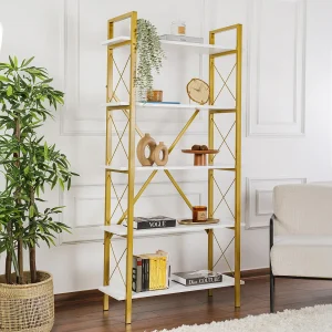 "Elysian Houten Boekenkast – Wit Goud – 90 x 33 x 180 cm – 5.0 Planken"