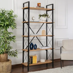 "Elysian Houten Boekenkast – 90x33x180 cm – Atlantisch Dennenhout Zwart – 5 Planken"