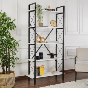 "Elysian Houten Boekenkast – 90 x 33 x 180 cm – Wit/Zwart – 5 planken"