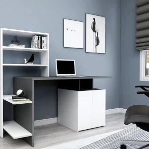 Modern Wit Antraciet Houten Bureau "Melis" – 146 x 60 x 128 cm met 4 Planken en 1 Deur Modern Wit Antraciet Houten Bureau "Melis" – 146 x 60 x 128 cm met 4 Planken en 1 Deur