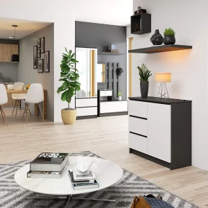 Ladekast JERRY met 3 Lades en 2 Deuren / AKORD Furniture Factory / Grafietgrijs – Wit / 80 x 77 x 35 cm Ladekast JERRY met 3 Lades en 2 Deuren / AKORD Furniture Factory / Grafietgrijs – Wit / 80 x 77 x 35 cm