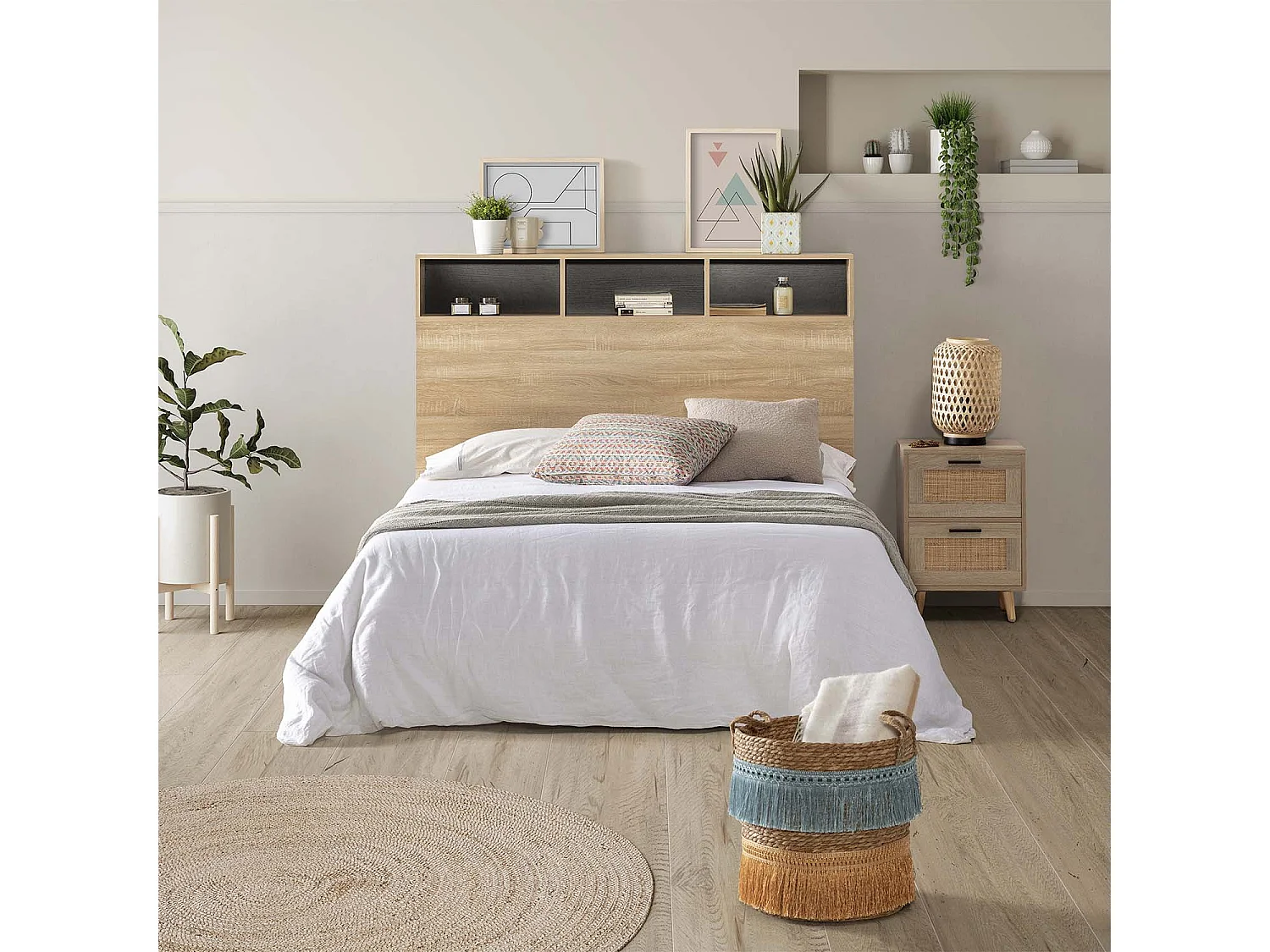 Hoofdeinde Bed Zeus 165 cm met opbergruimte Eiken, 2 Deuren 9 Vakken