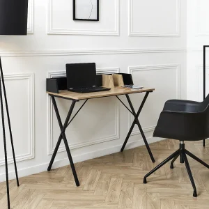 Industrieel design bureau BRICE 90 cm zwart met scheidingswanden en kabeldoorvoer, metalen frame en MDF blad Industrieel design bureau BRICE 90 cm zwart met scheidingswanden en kabeldoorvoer, metalen frame en MDF blad