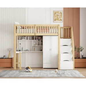 Hoogslaper van 90 x 200 cm met kledingkast, bureau en opbergtrap – Wit en licht naturel Hoogslaper van 90 x 200 cm met kledingkast, bureau en opbergtrap – Wit en licht naturel