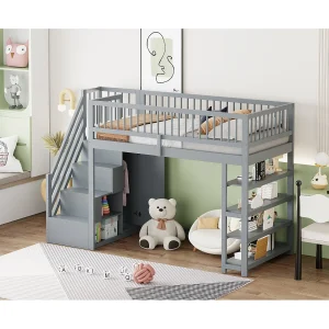 Hoogslaper 90 x 200 cm met kledingkast en opbergruimte – Grenenhout en MDF – Grijs
