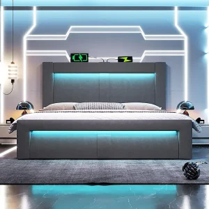 Hydraulisch bed met app-gestuurde ledverlichting, USB- en Type-C-oplaadpoorten, fluweel, grijs – 180×200 cm. Hydraulisch bed met app-gestuurde ledverlichting, USB- en Type-C-oplaadpoorten, fluweel, grijs – 180×200 cm.