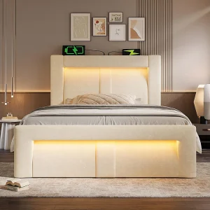 Hydraulisch bed met app-gestuurde ledverlichting, USB- en Type-C-oplaadpoorten, fluweel, beige – 90×200 cm. Hydraulisch bed met app-gestuurde ledverlichting, USB- en Type-C-oplaadpoorten, fluweel, beige – 90×200 cm.