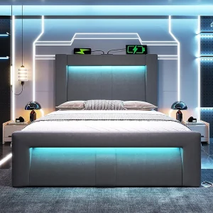 Hydraulisch bed met app-gestuurde ledverlichting, USB- en Type-C-oplaadpoorten, fluweel, grijs – 90×200 cm. Hydraulisch bed met app-gestuurde ledverlichting, USB- en Type-C-oplaadpoorten, fluweel, grijs – 90×200 cm.