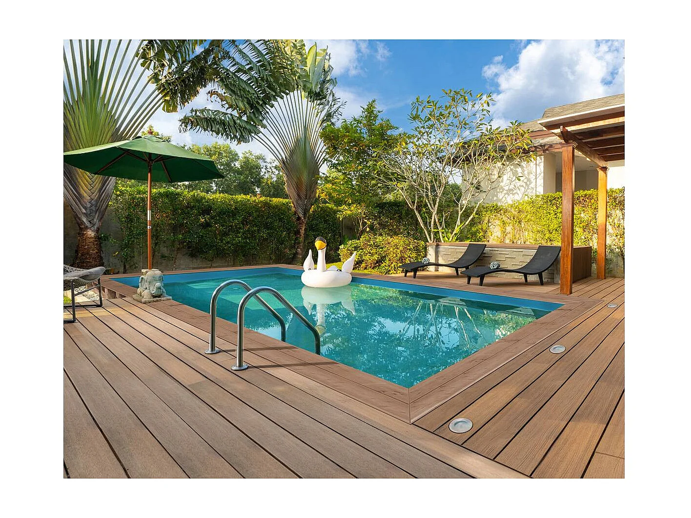 Houten rechthoekig zwembad Panama 130 - 6,20x4,10x1,31m - Behandeld grenen klasse 4, zandfilter 5,7m³/u, blauwe liner, houten en roestvrijstalen ladders