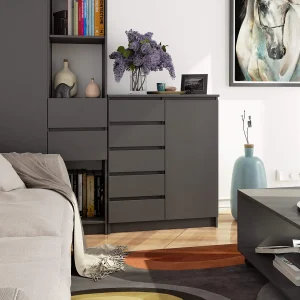 Kommode K80 met 5 Lades en 1 Deur / AKORD Furniture Factory / Grafietgrijs / 80 x 97 x 35 cm Kommode K80 met 5 Lades en 1 Deur / AKORD Furniture Factory / Grafietgrijs / 80 x 97 x 35 cm