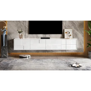 Hoogglans gelakte tv-standaard – 170 x 30 x 30,5 cm – met 3 deuren en 2 lades – wandmontage of vrijstaand – MDF + spaanplaat – wit Hoogglans gelakte tv-standaard – 170 x 30 x 30,5 cm – met 3 deuren en 2 lades – wandmontage of vrijstaand – MDF + spaanplaat – wit