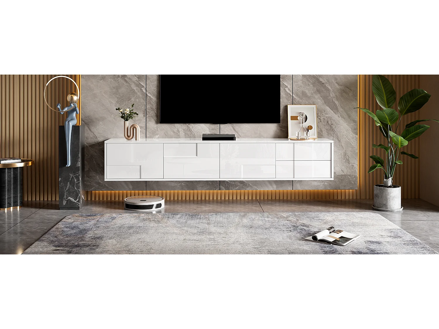 Hoogglans gelakte tv-standaard - 170 x 30 x 30,5 cm - met 3 deuren en 2 lades - wandmontage of vrijstaand - MDF + spaanplaat - wit