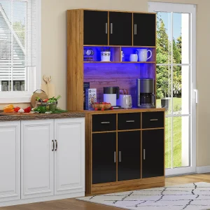 Hoge dressoir met 6 deuren en 3 laden – 100 x 40 x 180 cm – LED's en oplaadpoort – MDF-hout – Verstelbare planken – Zwart en naturel