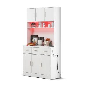 Hoge dressoir met 6 deuren en 3 laden – 100 x 40 x 180 cm – LED's en oplaadpoort – MDF-hout – Verstelbare planken – Wit