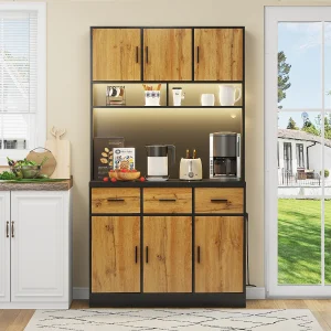 Hoge dressoir met 6 deuren en 3 laden – 100 x 40 x 180 cm – LED's en oplaadpoort – MDF-hout – Verstelbare planken – Naturel + zwart