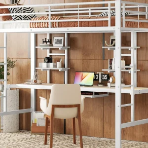 Hoogslaper 90x200cm – met bureau en planken – metalen frame – Wit Hoogslaper 90x200cm – met bureau en planken – metalen frame – Wit