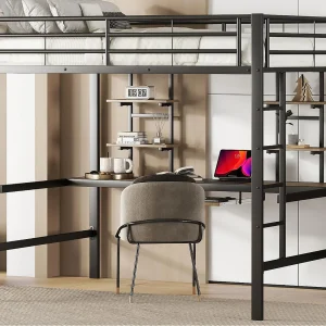 Hoogslaper 140x200cm – met bureau en planken – metalen frame – Zwart Hoogslaper 140x200cm – met bureau en planken – metalen frame – Zwart
