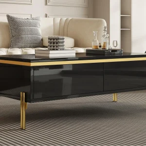Hoogglans gelakte salontafel 100x50x36 cm – 2 lades – Metal poten – Spaanplaat – Zwart Hoogglans gelakte salontafel 100x50x36 cm – 2 lades – Metal poten – Spaanplaat – Zwart