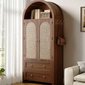 Hoge rotan dressoir 80x40x180 cm – 2 lades en 2 deuren – Vintage stijl – met haken – Verstelbare planken – MDF – Bruin