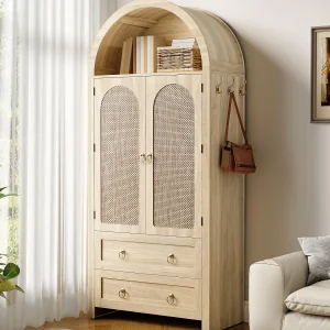 Hoge rotan dressoir 80x40x180 cm – 2 lades en 2 deuren – Vintage stijl – met haken – Verstelbare planken – MDF – Natuur