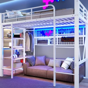 Hoogslaper 90×200 cm – Stalen constructie – met opbergvakken – met LED-verlichting – Wit​ (matras niet inbegrepen)