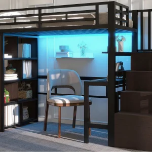Hoogslaper 90×200 cm – met bureau + opbergvakken – met LED-strip – met ladder – Zwart​ (matras niet inbegrepen)
