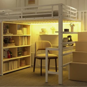 Hoogslaper 140×200 cm – met bureau + opbergvakken – met LED-strip – met ladder – Wit (matras niet inbegrepen) Hoogslaper 140×200 cm – met bureau + opbergvakken – met LED-strip – met ladder – Wit (matras niet inbegrepen)
