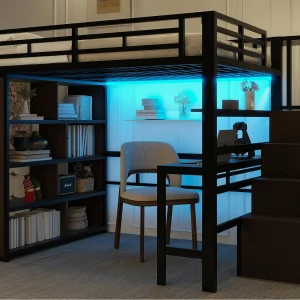 Hoogslaper 140×200 cm – met bureau + opbergvakken – met LED-strip – met ladder – Zwart (matras niet inbegrepen) Hoogslaper 140×200 cm – met bureau + opbergvakken – met LED-strip – met ladder – Zwart (matras niet inbegrepen)