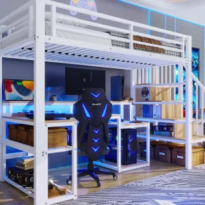 Hoogslaper 90×200 cm – met veiligheidstrap – met LED-strip + bureau – met USB-poort – wit​ (matras niet inbegrepen)