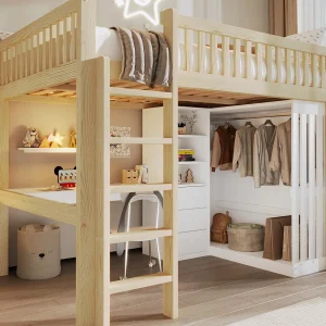Hoogslaper 140x200cm – met bureau + kast – met 3 lades – met ladder – natuur (matras niet inbegrepen) Hoogslaper 140x200cm – met bureau + kast – met 3 lades – met ladder – natuur (matras niet inbegrepen)