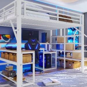 Hoogslaper 140×200 cm – met veiligheidstrap – met LED-strip + bureau – met USB-poort – wit (matras niet inbegrepen) Hoogslaper 140×200 cm – met veiligheidstrap – met LED-strip + bureau – met USB-poort – wit (matras niet inbegrepen)