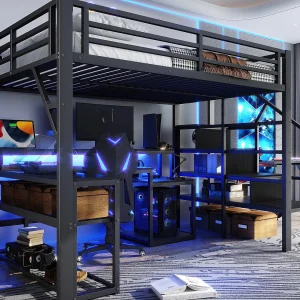 Hoogslaper 140×200 cm – met veiligheidstrap – met LED-strip + bureau – met USB-poort – zwart (matras niet inbegrepen) Hoogslaper 140×200 cm – met veiligheidstrap – met LED-strip + bureau – met USB-poort – zwart (matras niet inbegrepen)