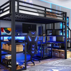 Hoogslaper 90×200 cm – met veiligheidstrap – met LED-strip + bureau – met USB-poort – zwart​ (matras niet inbegrepen)