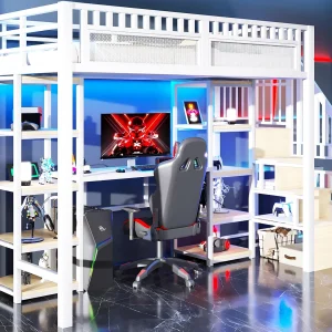 Hoogslaper 90×200 cm – Geïntegreerde opbergtrap – Ingebouwd bureau – LED-lichtstrip + USB-poort – wit​ (matras niet inbegrepen)