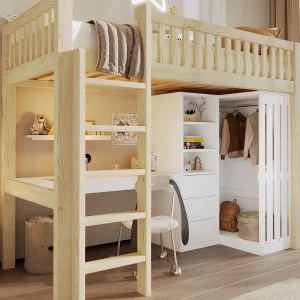 Hoogslaper 90x200cm – met bureau + kast – met 3 lades – met ladder – natuur (matras niet inbegrepen) Hoogslaper 90x200cm – met bureau + kast – met 3 lades – met ladder – natuur (matras niet inbegrepen)