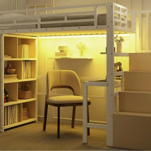 Hoogslaper 90×200 cm – met bureau + opbergvakken – met LED-strip – met ladder – Wit​ (matras niet inbegrepen)