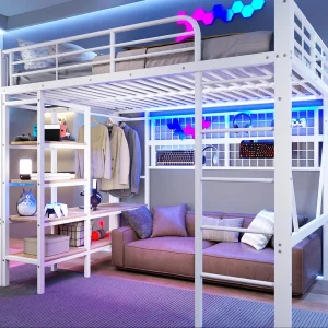 Hoogslaper 140×200 cm – Stalen constructie – met opbergvakken – met LED-verlichting – Wit (matras niet inbegrepen) Hoogslaper 140×200 cm – Stalen constructie – met opbergvakken – met LED-verlichting – Wit (matras niet inbegrepen)