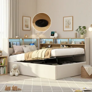 Hydraulisch opbergbed voor kinderen – 90 x 200 cm – gestoffeerde slaapbank met plank + LED's + USB – fluweel – beige Hydraulisch opbergbed voor kinderen – 90 x 200 cm – gestoffeerde slaapbank met plank + LED's + USB – fluweel – beige