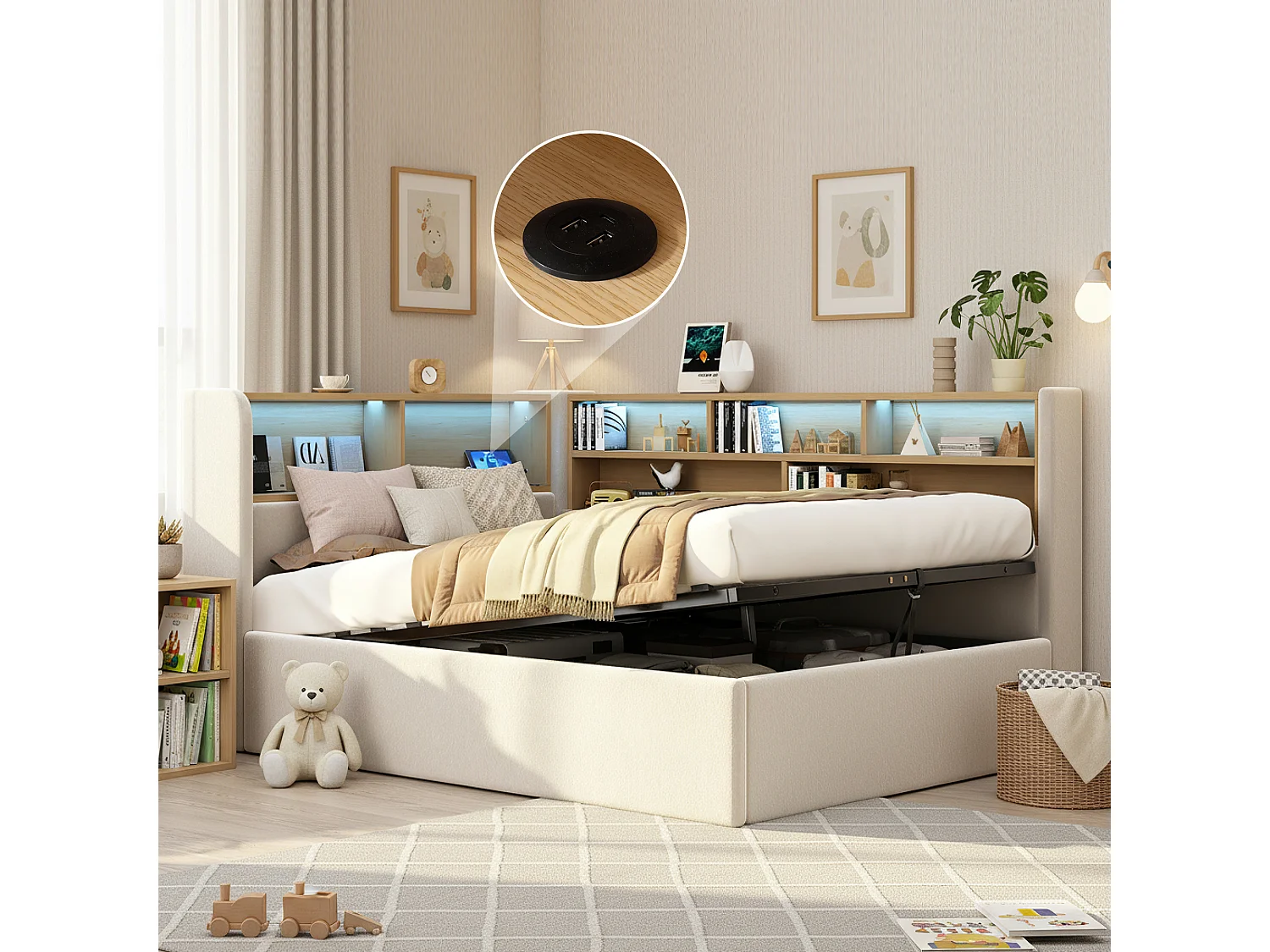 Hydraulisch opbergbed voor kinderen - 90 x 200 cm - gestoffeerde slaapbank met plank + LED's + USB - fluweel - beige